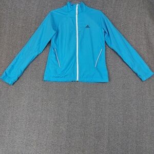 ADIDAS WOMENS BLUE BLACK STRIPE FULL ZIP VENTED 100% POLYESTER WINDBREAKER SZ S